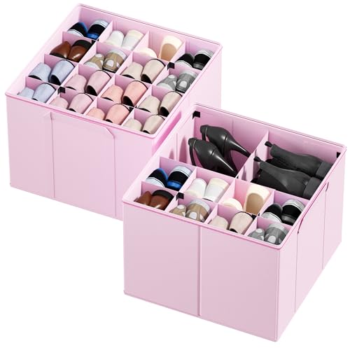 SpaceAid Shoe Organizer for Closet, 2 Pack Foldable Shoe Storage Containers Baskets Boxes Bins w/Adjustable Dividers, Fits 16-32 Pairs, Pink - color: Pink