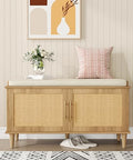 Akxomel Rattan Shoe Storage Bench with Cushion, 2-Tier Entryway Bench with Adjustable Shelves and 2 Doors, 15" D x 39.4" W x 20" H, Solid Wood Legs, for Hallway, Living Room, Bedroom, Natural Oak - size: 15"D x 39.4"W x 20"H