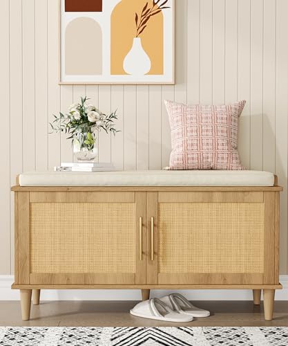 Akxomel Rattan Shoe Storage Bench with Cushion, 2-Tier Entryway Bench with Adjustable Shelves and 2 Doors, 15" D x 39.4" W x 20" H, Solid Wood Legs, for Hallway, Living Room, Bedroom, Natural Oak - size: 15"D x 39.4"W x 20"H