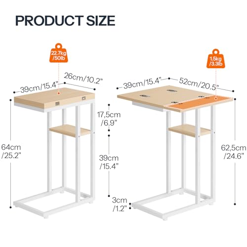 HOOBRO Foldable End Table, C Shaped Side Table with Storage Shelf, Small Snack Table Suitable for Living Room Bedroom Small Spaces, Easy Assembly, White and Natural WN29SF01 - color: White + Natural