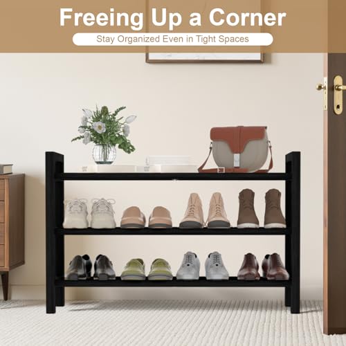 Haddockway Bamboo Shoe Rack for Closet, Free Standing Shoe Organizer with Smooth Round Rods & Convenient Handles, Stackable Shoe Storage Shelf for Entryway, Hallway(Black, 3-Tier) - color: Black, size: 3-Tier_Standard