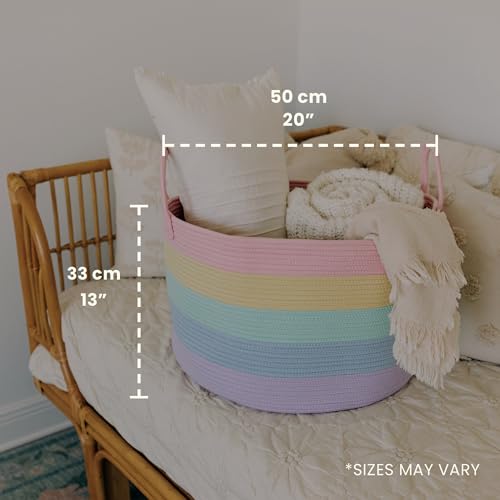 OrganiHaus Rainbow Blanket Basket for Classroom & Nursery, Extra Large Woven Laundry Basket w/Handles, Kids Toy Organizer & Storage, Soft Round Dog Toy Storage Bin, Cute Bin - 20"x13" in - color: Rainbow Pastel, size: Wide