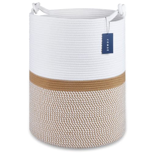 COMSE Extra Large Blanket Basket, Tall Woven Storage Basket, Nursery Hamper, 15.7”x 21.7”, Cotton Rope Laundry Hamper for Toys Clothes Towels, Blend White/Camel - color: Blend White & Camel