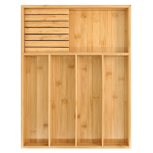 VaeFae Bamboo Silverware Organizer (Non-expandable), Utensil Holder for Drawer, Cutlery Tray with Divider for Kitchen Drawer, Utensil Organizer with Knife Block - color: Natural, size: Small - Non-expandable with Block