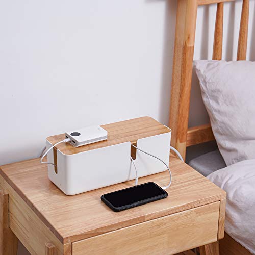 Changsuo Small Cable Management Box with Bamboo Lid for Extension Cord Power Stripe Surge Protector Wire Concealer Organizer Cover Hider (White) - color: White
