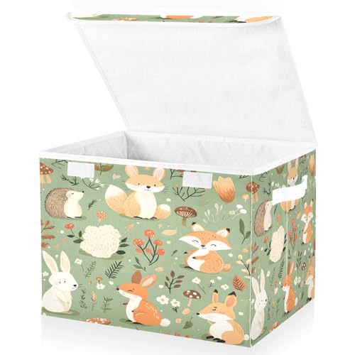 Woodland Animal Storage Box with Lid and Handles Large Collapsible Fabric Storage Basket Closet Organizer Bin Woodland Animal Basket for Nursery Bedroom Office
