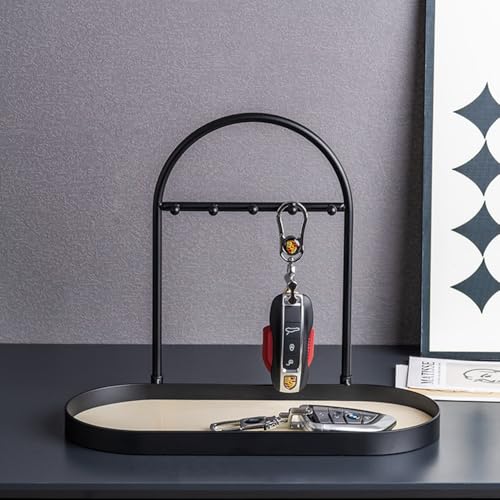 Shinpuru Metal Jewelry Organizer Stand & Key Holder Tray with Acrylic Base, Key Stand and Jewelry Tray with 5 Hooks, Perfect Key Bowl, Valet Tray, Ring Holder, Jewelry Dish (Matt Creamy) - color: Matt Creamy