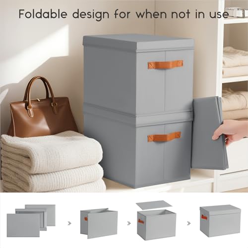 Homsorout Storage Bins with Lids - Fabric Storage Baskets for Shelves, 4 Pack Foldable Decorative Boxes with Handles, Stackable Organizer Bins for Home, Nursery, Dorm, Grey - color: Grey, size: L(4-Pack)