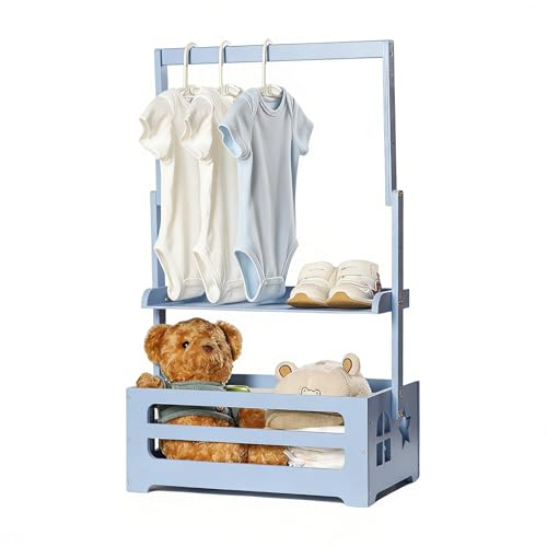 Baby Shower Crate Closet, Gender Reveal Storage Box with Wooden Baby Clothing Display Rack, Nursery Closet Organizer with Hanging Rod, Shelf & Toy Crate for Newborn Boy or Girl - Blue - color: Blue