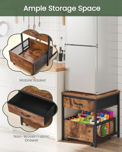 CHOEZON End Table, 19.7 Inch Square Side Table, Mini Fridge Stand with Storage, Nightstand with Mobile Basket Cart, for Living Room, Bedroom, Rustic Brown and Black TBZ55BF - color: Rustic Brown + Black