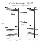 Wall Mounted Garment Rack, Walk-in Closet System with Expandable Rods, Adjustable Shelves, Industrial Pipe Clothing Racks, Hanging Clothes Organizers and Storage, Metal Closet Shelving Wardrobe - color: Black