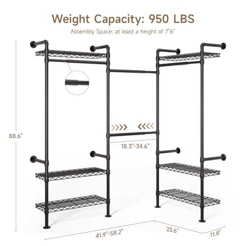 Wall Mounted Garment Rack, Walk-in Closet System with Expandable Rods, Adjustable Shelves, Industrial Pipe Clothing Racks, Hanging Clothes Organizers and Storage, Metal Closet Shelving Wardrobe - color: Black