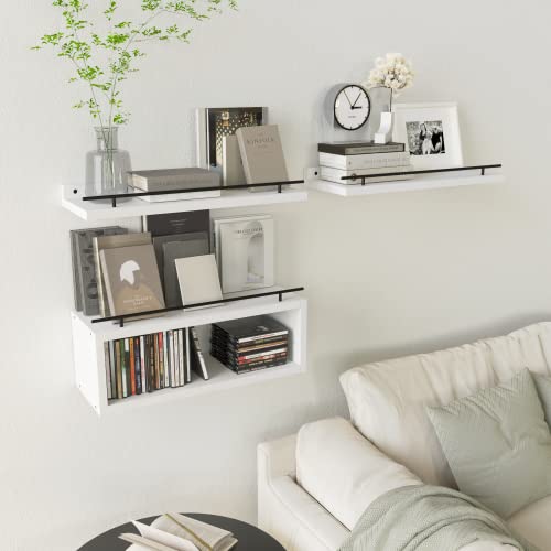 WOPITUES Floating Shelves for Wall with Cube Shelf, Wall Shelves with Metal Rail for Decor, Bathroom Organizers and Storage, Over Toilet Shelves for Bathroom, Toilet Paper-White - color: White, size: 15.7 inch