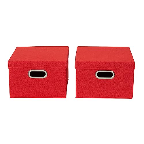 Household Essentials Storage Bins with Lids and Chromed Grommet Handles, Set of 2, Textured Linen Look, Red (Pack of 2) - color: Red, size: 2 Count (Pack of 2)