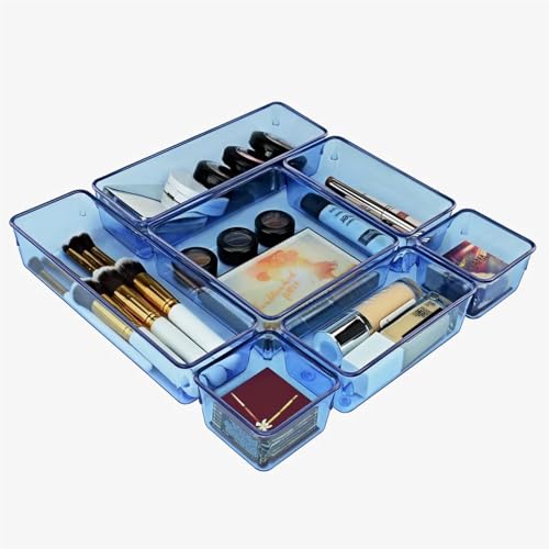 Acrimet Drawer Organizer Modular, Box Tray Storage Bins for Office, Home, Makeup, Kitchen, Junk Drawer (7 Units - 4 Sizes) (Clear Blue Plastic) - color: r.blue