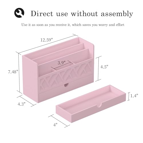 Wisuce Bamboo Mail Organizer Countertop Desktop with Drawer - All-in-One Desk File Organizer with Pencil Holder (Pink) - color: Pink