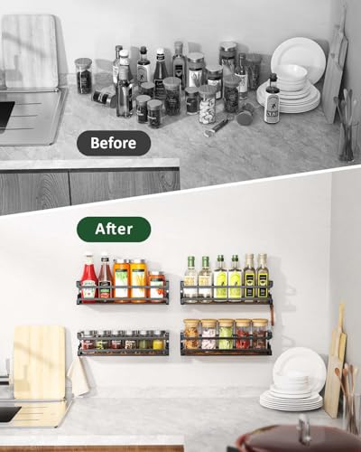 Doakhirmit 4 Pack Wall Mount Spice Rack with 16 Hooks,Hanging Spice Rack Organizer for Stove Cabinet Pantry Door, Screw or Adhesive Wooden Spice Shelf for Kitchen and RV Camper, Black - size: 4 Pack