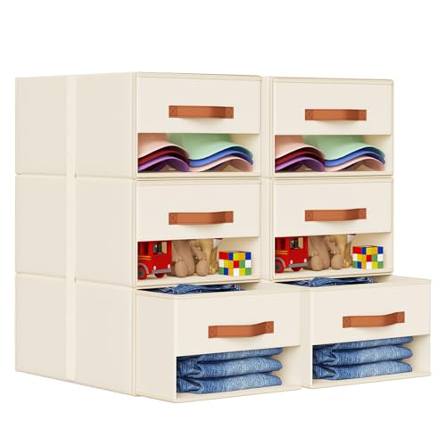 DIMJ Closet Organizers and Storage - Fabric Bins with Drawers for Closet Foldable Clothes Organizers with Clear Window, Stackable Storage Drawers Units for Bedroom, Living Room, Medium 6-Pack, Beige - color: Beige, size: Medium - 6 Pack