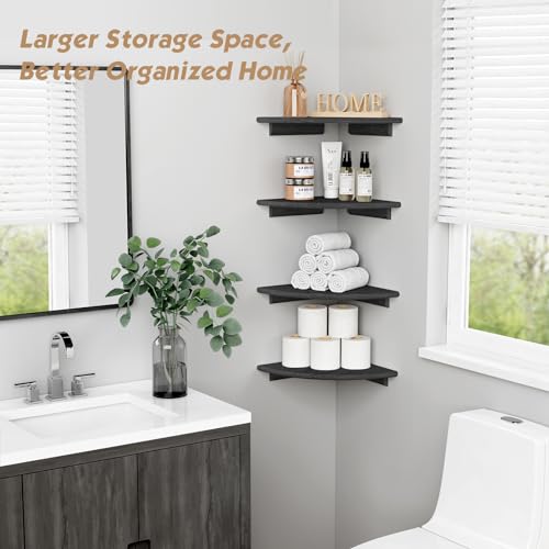Forbena Black Floating Corner Bookshelf for Wall Set of 4, Large Corner Plant Shelves for Living Room, Rustic Rounded Hanging Bookshelves Wall Mounted for Bedroom Books, Kitchen, Closet, Office - color: 4. Black, size: 12" Depth