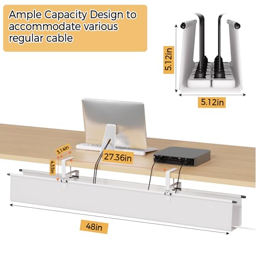 Under Desk Cable Management Tray - 48" Cord Organizer for Desk No Drill, Fabric Under Table Wire Organizer with 16X Cable Ties Hide for Office/Home, Cord Hider Fits Adapters & Sockets, White - color: White, size: 48'' L