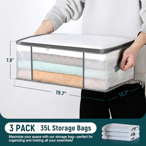 LANDNEOO 3-Pack Clothes Storage Bags, Plastic Foldable Blanket Storage bins, Closet Organizer Container for Bedroom, Bedding, Comforters, Pillows, and Clothing - 35L with Handles