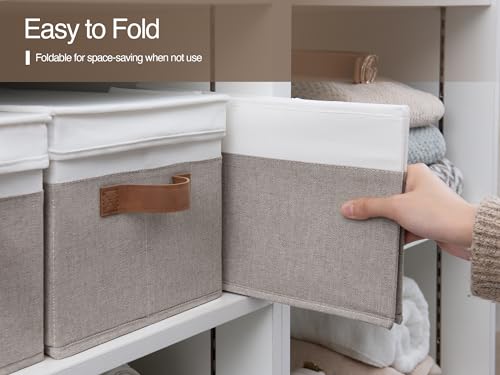 StorageWorks Storage Bins with Lids, Decorative Storage Boxes with Lid and PU Handles, Foldable Storage Baskets for Closet, Shelves, Stackable, Brown and White, Jumbo, 3-Pack - color: Brown and White, size: Jumbo