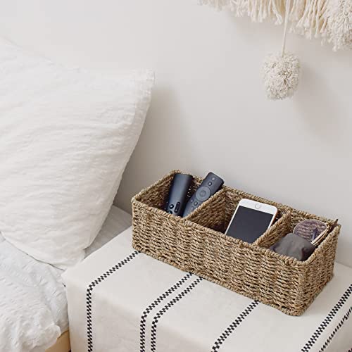 StorageWorks Wicker Toilet Basket Tank Topper, Toilet Paper Basket for Back of Toilet Tank Top, 3-Section Seagrass Storage Baskets for Shelves, 2-Pack - color: Natural (Seagrass), size: 14¼"L x 6"W x 4¼"H