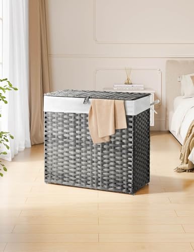 Greenstell Laundry Hamper with Lid, 125L Laundry Basket with 2 Removable Liner Bags & 2 Mesh Bags, Handwoven Synthetic Rattan Clothes Hamper for Clothes, Toys in Bathroom, Bedroom, Foldable, Grey - color: Gray, size: 125L (25.6 x 13.0 x 23.6 inches)