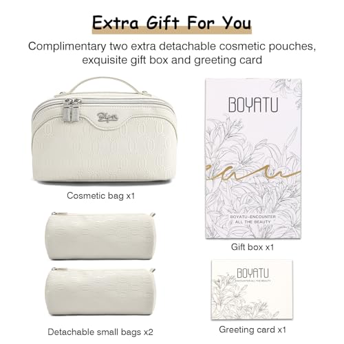 BOYATU Travel Makeup Bag for Women: Cosmetic Organizer Bag with Compartments - Leather Make up Bags Set of 3 (G-2-White) - color: G-2-White