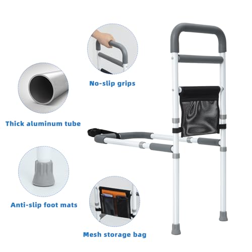 Bed Rails for Elderly Adults Safety - Adjustable Bed Assist Rail for Seniors Fall Prevention with Support Leg, Bedside Grab Bar Cane with Storage Pocket, Fits King, Queen, Full, Twin Bed