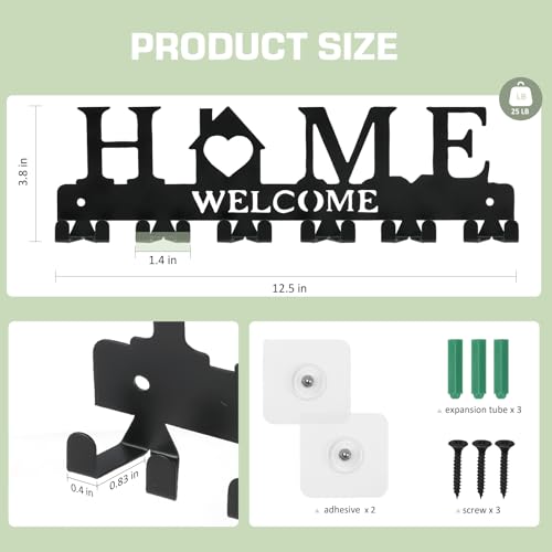 Key Holder Wall Mount, Adhesive Metal Key Hanger with 6 Double Hooks, 2 Installation Methods, Black - style: 12 Hooks