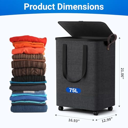 Laundry Basket with 5 Wheels, Tall Dirty Laundry Hamper, Rolling Laundry Basket with Lid, Collapsible Clothes Hamper for Bathroom Bedroom Dorm Laundry Room, Dark Gray, 75L - color: Deep Gray, size: 75L