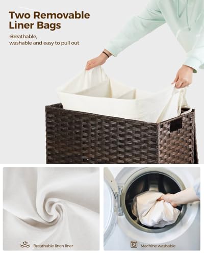 GREENSTELL Laundry Hamper with Wheels&Lid, 130L Large 3 Sections Clothes Hamper with 2 Types Removable Liner Bags, 5 Mesh Laundry Bags, Handwoven Divided Laundry Basket Brown - color: Brown, size: 130L: 25.6x13.0x25.7 Inches