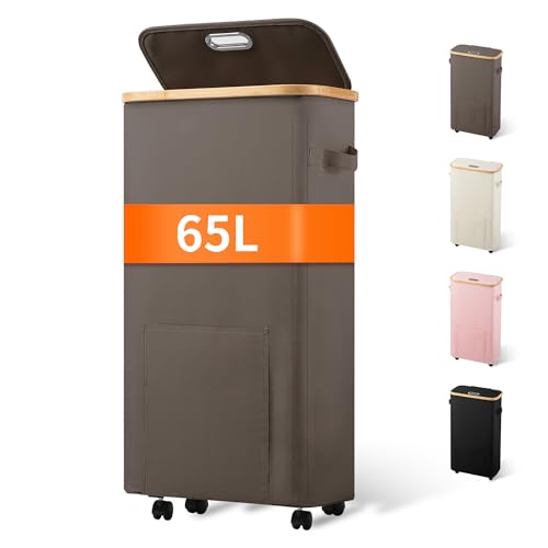 Vincona Laundry Basket with Wheels, Tall Dirty Clothes Hamper on Wheels, Rolling Laundry Hamper with lid for Dorm, Bedroom and Bathroom - color: Grey, size: 65L