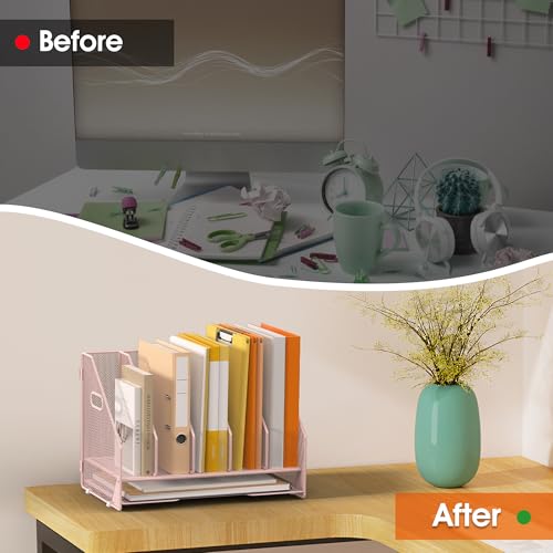 Desk File Folder Holder Organizer-5 Vertical Compartments Racks and Paper Letter Tray,Mesh Magazine File Holder Sorter,Desktop Accessories & Workspace Organizers for Home,Office,School-Pink - color: 5 Compartments-pink