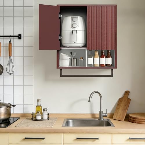 Bathroom Wall Storage Cabinet, Over The Toilet Medicine Cabinet, Hidden Storage & Open Shelves, Small 2-Door Multi-Functional Bathroom Organizer with Towel Bar for Bathroom & Kitchen - color: Dark Mahogany Brown