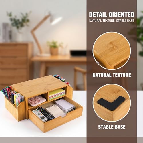 Hiceeden 2 Tier Bamboo Desktop Organizer, Desk Monitor Stand Riser with 1 Drawer and 2 Pen Holder, 2 Compartment Computer Desk Storage Organizer for Laptop, Printer
