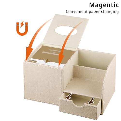 Nightstand Organizer with Tissue Holder,PU Leather Square Tissue Box Cover,Modern Facial Paper Organizer Storage Box for Remote Control,Bathroom,Vanity Countertop,End Table Home Office.Beige - color: Beige