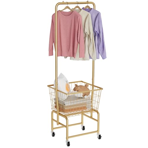 Rolling Laundry Cart with Wheels, Laundry Hamper Basket Organizer with Clothes Hanging Rack, Wire Storage Cloth Shelf Butler, Golden - color: Golden