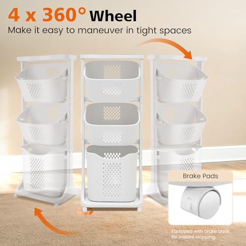 BAOKALER Rolling Laundry Hamper Cart with Wheels, 3 Tier White Laundry Baskets, Clothes Hamper with Portable Storage Baskets for Kitchens, Bathrooms, Bedrooms, Classrooms, Laundry Rooms(75L) - size: 3-layer