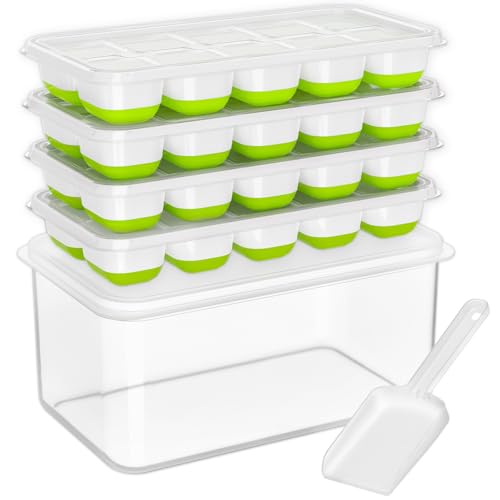 DOQAUS Ice Cube Tray with Lid and Bin - 4 Pack Silicone Ice Cube Trays for Freezer, Stackable Ice Bucket Kits with Storage Container & Scoop for Kitchen, RV, Cocktail, Coffee - color: Green