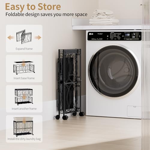 Laundry Hamper with 3 Section, Large 180L Rolling Laundry Basket with Wheels, Metal Heavy Duty Laundry Hamper with Detachable Bags, Dirty Clothes Hamper Organizer for Bedroom, Bathroom(Beige)