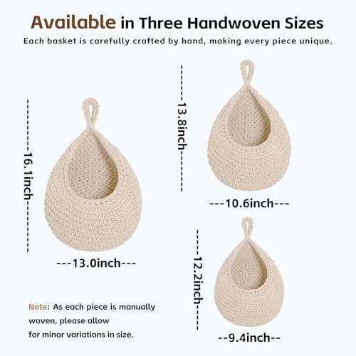 Hanging Storage Baskets Boho Decor Set of 3, Handmade Cotton Rope Wall-Mounted Fruit & Vegetable Baskets, Decorative Hanging Organizers for Kitchen, Entryway, Bathroom & Bedroom - color: Off White
