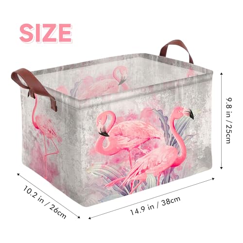 Flamingo Storage Basket Waterproof Canvas Toy Storage Bin Home Flamingo Decor Collapsible Outdoor Basket with Leather Handles Flamingos Gifts Blanket Baskets For Closets,Bedrooms,Bathroom - color: Flamingo