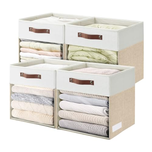 Bagnizer Storage Cubes, 4 Pack Linen Foldable Storage Bins (13 x 13 inch) with Clear Window and Handles, Fabric Organizer for Shelf Closet, Clothes, Books - (Beige and White) - color: Beige / Off-White, size: 13 x 13 x 13