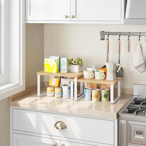 HOOBRO Cabinet Organizer Shelf, Set of 2, Kitchen Countertop Organizer, Kitchen Countertop Shelf, Spice Rack for Counter, Stackable, Expandable for Cabinet, Kitchen, Natural and White WN33TL01 - color: Natural+White