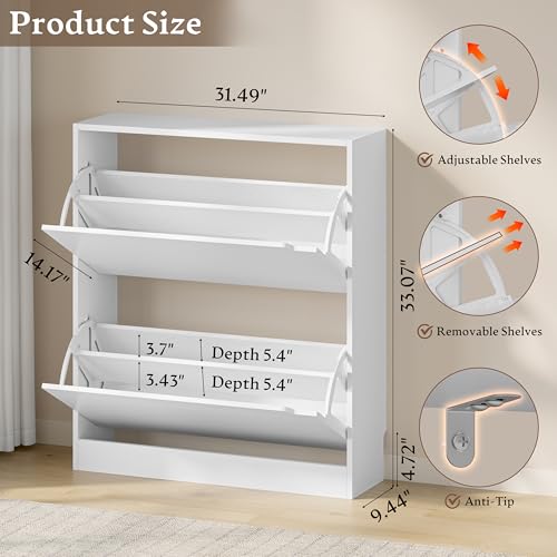 BORNOON Shoe Cabinet with 2 Flip Drawers, Slim Narrow Shoe Storage Cabinet, Freestanding Shoe Organizer with Adjustable & Removable Shelves, Top Display Shelf for Entryway, Hallway, Foyer, Closet - color: White, size: 2-Drawer