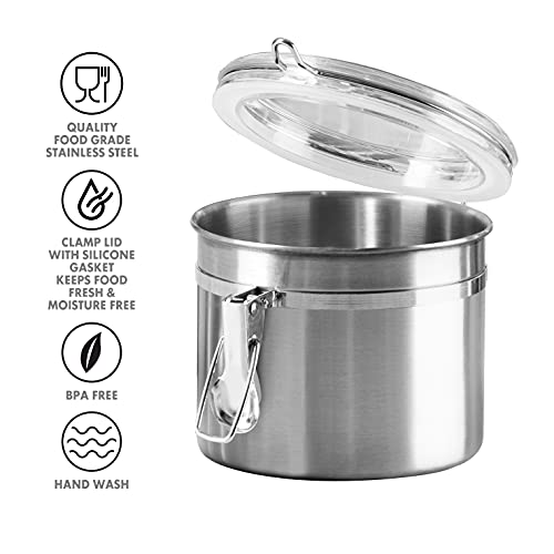 Oggi Stainless Steel Kitchen Canister 26 fl oz - Airtight Clamp Lid, Clear See-Thru Top - Ideal for Kitchen Storage, Food Storage, Pantry Storage. Size 5" x 3.5". - color: Stainless Steel, size: 26 Fluid Ounces, style: Airtight Canister