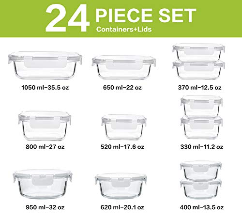 24-Piece Glass Food Storage Containers with Upgraded Snap Locking Lids,Glass Meal Prep Containers Set - Airtight Lunch Containers, Microwave, Oven, Freezer and Dishwasher,White - color: White