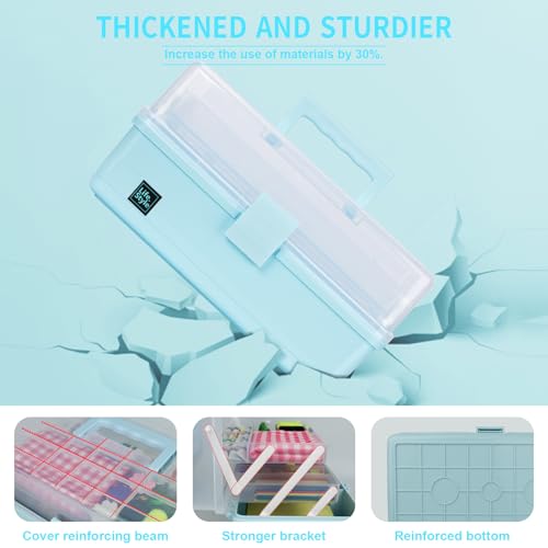 Creahaus 13 inch Art Craft Organizer Storage Box with 3 Layer, Multipurpose Plastic Tool Box with Handle for Sewing, Art Supply, Medicine, Nail, Hair Accessories (Blue) - color: Blue